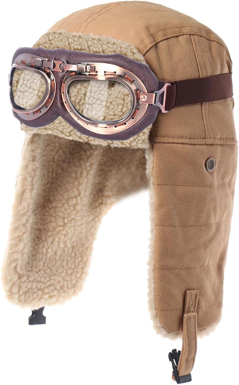 Kodervo Aviator Hat with Goggles Adult Vintage Pilot Hat Costume Winter Bomber Hat Fur Ear Flaps Trapper Hat Men Women - Image 1
